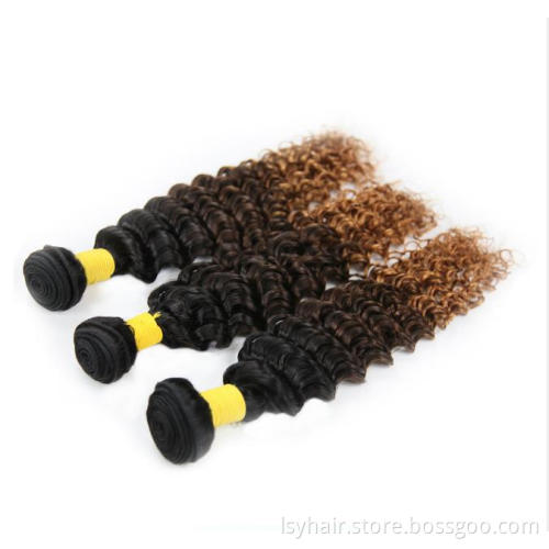 Ombre Brazilian Hair Bundles Deep Wave With Closure, Sew In Human Hair Weave Ombre Hair Weaves Curly